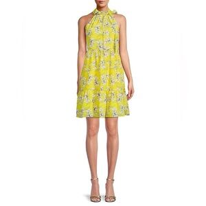 Eliza J New Yellow Floral Print Neck Tie Trapeze Tiered Dress Women’s Size 8